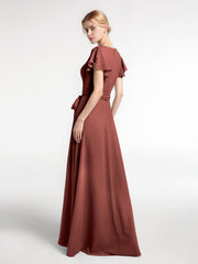 V-neck Cap Sleeves Chiffon Dress with Self-Bow-Terracotta