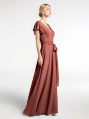 V-neck Cap Sleeves Chiffon Dress with Self-Bow-Terracotta Plus Size
