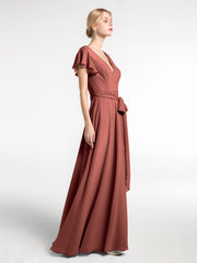 V-neck Cap Sleeves Chiffon Dress with Self-Bow-Terracotta