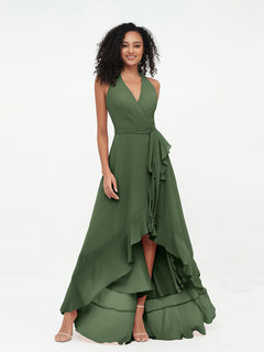 Halter Deep-V Neck Chiffon Asymmetrical Dresses-Olive Green