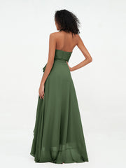 Halter Deep-V Neck Chiffon Asymmetrical Dresses-Olive Green