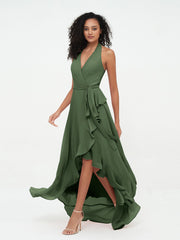 Halter Deep-V Neck Chiffon Asymmetrical Dresses-Olive Green