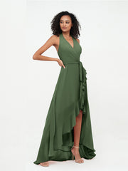 Halter Deep-V Neck Chiffon Asymmetrical Dresses-Olive Green