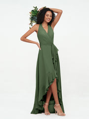 Halter Deep-V Neck Chiffon Asymmetrical Dresses-Olive Green