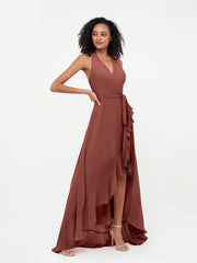 Halter Deep-V Neck Chiffon Asymmetrical Dresses-Terracotta
