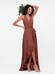 Halter Deep-V Neck Chiffon Asymmetrical Dresses-Terracotta