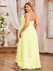 Halter Deep-V Neck Chiffon Asymmetrical Dresses-Daffodil Plus Size