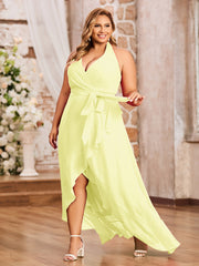 Halter Deep-V Neck Chiffon Asymmetrical Dresses-Daffodil Plus Size