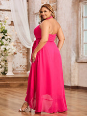Halter Deep-V Neck Chiffon Asymmetrical Dresses-Fuchsia Plus Size
