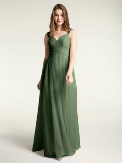 Cross-Pleated Tulle Long Dresses with Beaded Straps Olive Green