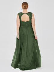 Cross-Pleated Tulle Long Dresses with Beaded Straps Olive Green