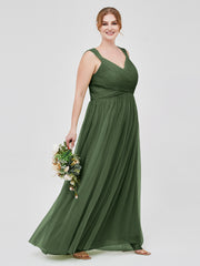 Cross-Pleated Tulle Long Dresses with Beaded Straps Olive Green Plus Size