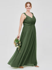 Cross-Pleated Tulle Long Dresses with Beaded Straps Olive Green