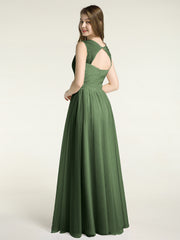 Cross-Pleated Tulle Long Dresses with Beaded Straps Olive Green