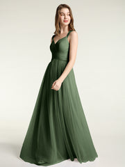 Cross-Pleated Tulle Long Dresses with Beaded Straps Olive Green