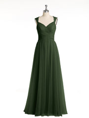 Cross-Pleated Tulle Long Dresses with Beaded Straps Olive Green