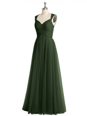 Cross-Pleated Tulle Long Dresses with Beaded Straps Olive Green Plus Size