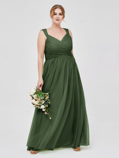 Cross-Pleated Tulle Long Dresses with Beaded Straps Olive Green Plus Size