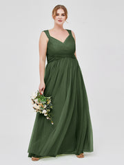Cross-Pleated Tulle Long Dresses with Beaded Straps Olive Green