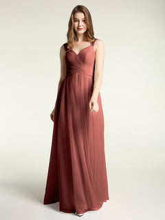 Cross-Pleated Tulle Long Dresses with Beaded Straps Terracotta