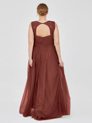 Cross-Pleated Tulle Long Dresses with Beaded Straps Terracotta