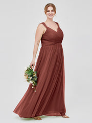 Cross-Pleated Tulle Long Dresses with Beaded Straps Terracotta