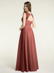 Cross-Pleated Tulle Long Dresses with Beaded Straps Terracotta