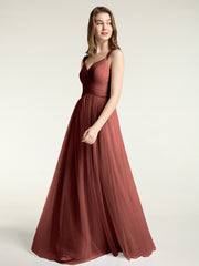 Cross-Pleated Tulle Long Dresses with Beaded Straps Terracotta
