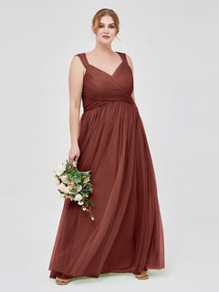 Cross-Pleated Tulle Long Dresses with Beaded Straps Terracotta Plus Size