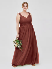 Cross-Pleated Tulle Long Dresses with Beaded Straps Terracotta