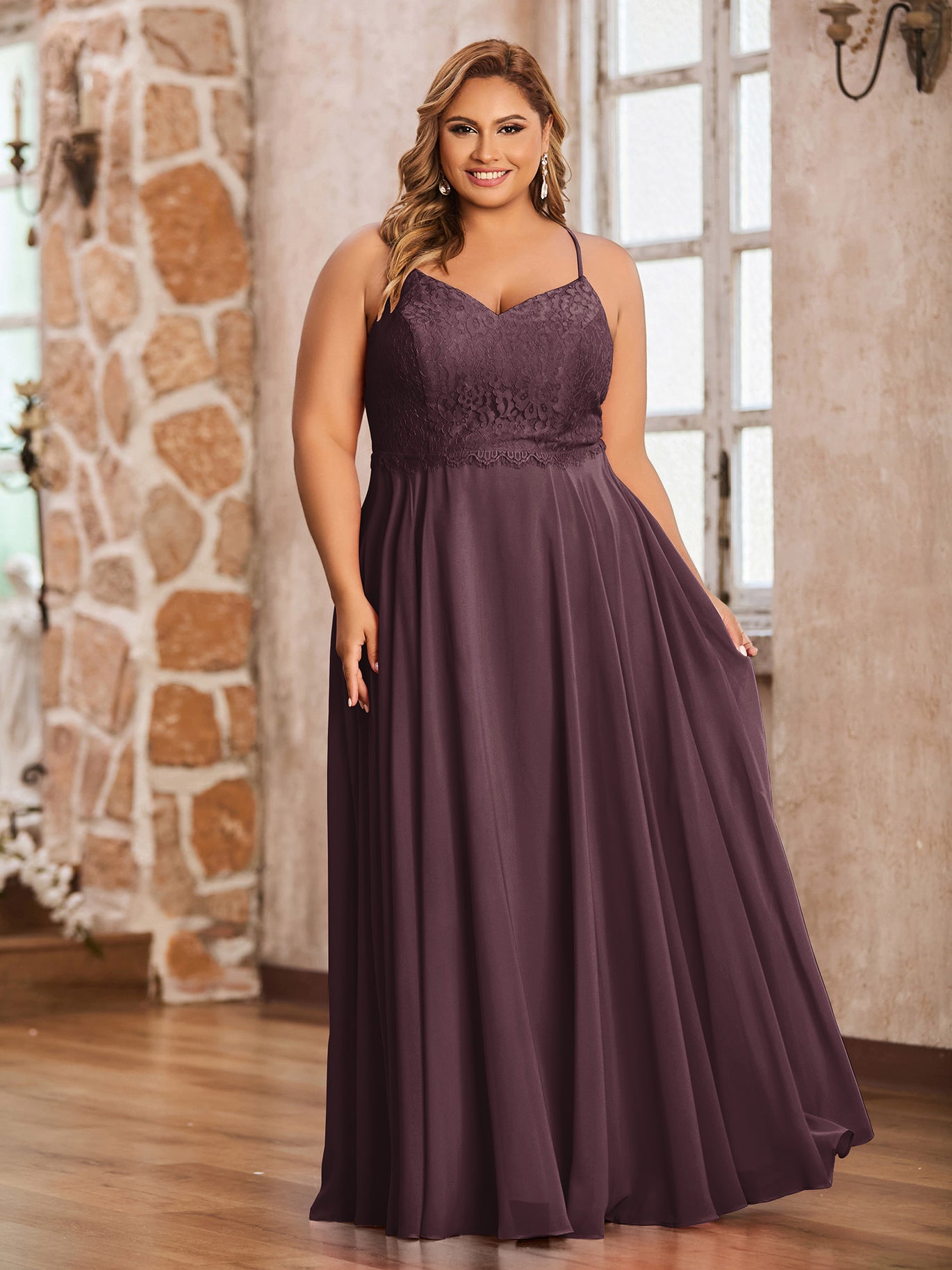 BABARONI Chiffon Cabernet Bridesmaid Dresses V-neck Floor-length Spaghetti Straps Lace A-line BABARONI Chiffon Cabernet Bridesmaid Dresses V-neck Floor-length Spaghetti Straps Lace A-line
