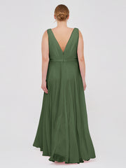 V Neckline Chiffon Bridesmaid Dresses Olive Green