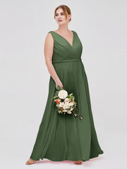 V Neckline Chiffon Bridesmaid Dresses Olive Green