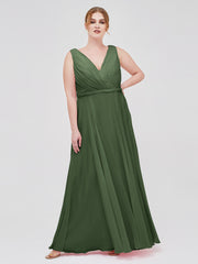 V Neckline Chiffon Bridesmaid Dresses Olive Green