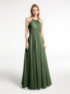 Halter Keyhole Neck Chiffon Dress with Pockets-Olive Green