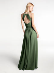 Halter Keyhole Neck Chiffon Dress with Pockets-Olive Green Plus Size