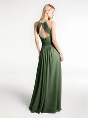 Halter Keyhole Neck Chiffon Dress with Pockets-Olive Green