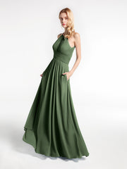 Halter Keyhole Neck Chiffon Dress with Pockets-Olive Green
