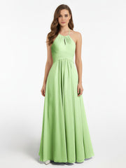 Halter Keyhole Neck Chiffon Dress with Pockets-Sage