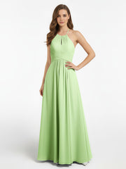 Halter Keyhole Neck Chiffon Dress with Pockets-Sage