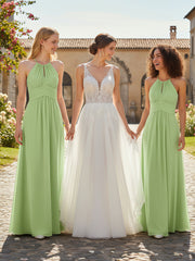 Halter Keyhole Neck Chiffon Dress with Pockets-Sage