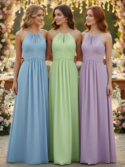Halter Keyhole Neck Chiffon Dress with Pockets-Sage
