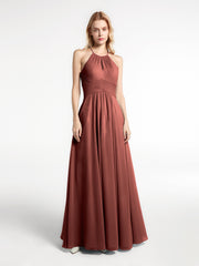 Halter Keyhole Neck Chiffon Dress with Pockets-Terracotta