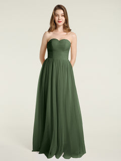 Strapless Sweetheart Long Tulle Bridesmaid Dresses-Olive Green