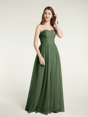 Strapless Sweetheart Long Tulle Bridesmaid Dresses-Olive Green