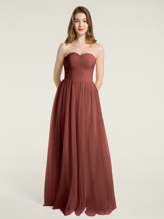 Strapless Sweetheart Long Tulle Bridesmaid Dresses-Terracotta