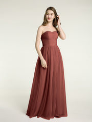 Strapless Sweetheart Long Tulle Bridesmaid Dresses-Terracotta