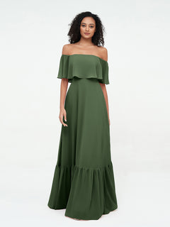 Off Shoulder Chiffon Tiered Skirt Max Dresses-Olive Green