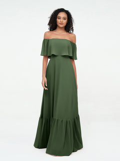 Off Shoulder Chiffon Tiered Skirt Max Dresses-Olive Green Plus Size