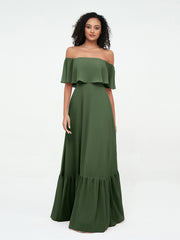 Off Shoulder Chiffon Tiered Skirt Max Dresses-Olive Green Plus Size